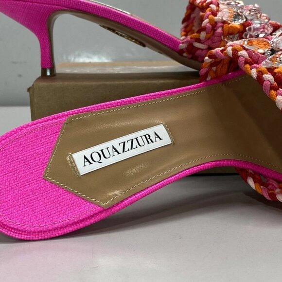 NEW AQUAZZURA Women’s Crystal Cote Mule Sandals  Bright Pink Size 10.5 Crocheted - Picture 3 of 8